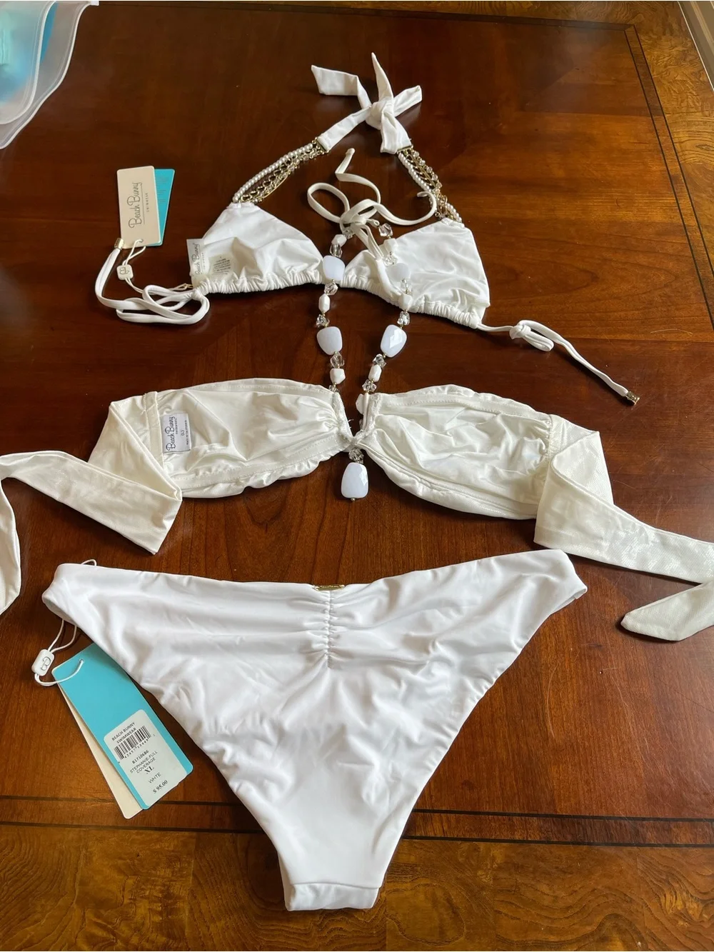 Lot of two large white tops with pearl theme and one xl bottoms full coverage - Picture 13 of 15